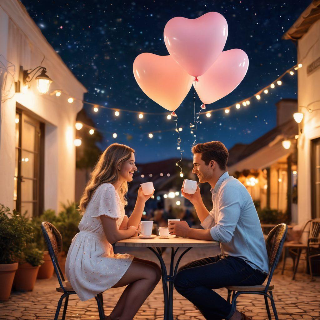 A romantic scene depicting a diverse couple engaged in a playful, flirty conversation under a starry sky, surrounded by soft twinkling lights. Include elements like a cozy café table with coffee cups, heart-shaped balloons, and subtle love notes scattered around. The atmosphere should convey warmth and intimacy, highlighting the essence of lasting love and connection through body language. pastel colors. soft focus. dreamlike.