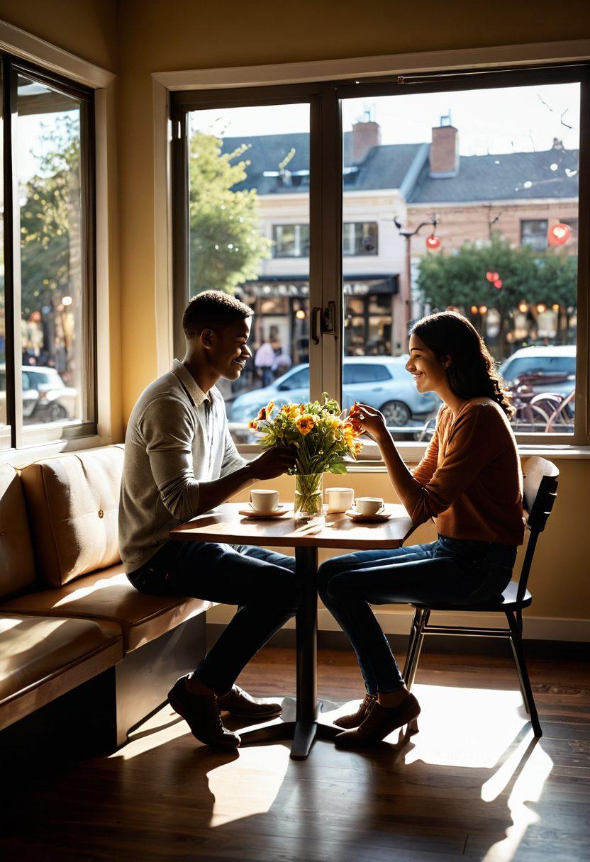 A warm, inviting scene of a diverse couple seated at a cozy café table, deep in conversation, illuminated by soft sunlight filtering through the window. Surrounding them are elements symbolizing love: hearts, flowers, and intertwined hands, creating an atmosphere of connection and intimacy. In the background, other couples are seen enjoying their moments, adding to the sense of community and relationship. The overall color palette is soft and inviting. super-realistic. warm tones. cozy atmosphere.