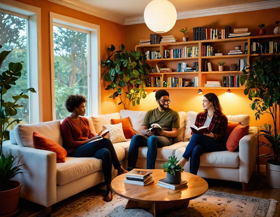 A warm and inviting scene depicting two people engaged in a deep conversation, sitting on a comfortable couch with soft light illuminating their faces. The background shows a cozy living room with plants and books, symbolizing growth and knowledge. Include visual representations of communication, like speech bubbles or heart symbols, subtly integrated into the decor. super-realistic. vibrant colors. cozy atmosphere.